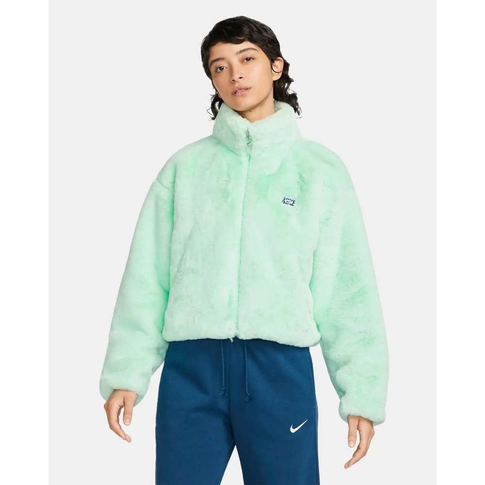 Nike Sportswear Icon Clash Mint Green Faux Fur Pocket Full Zip Jacket Sz L NWT - Picture 2 of 6